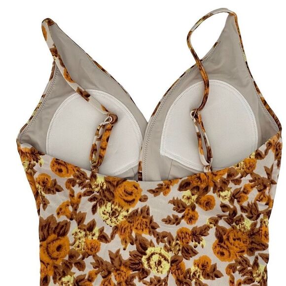 Jonathan Simkhai Ingrid Deep V One Piece Swimsuit 70s Floral Brown Orange XS New - Picture 7 of 14